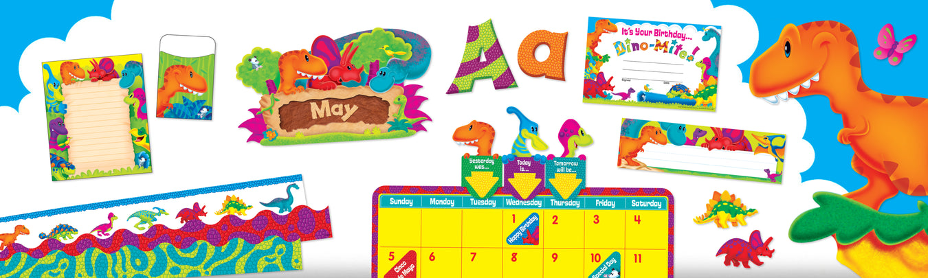 Dinosaur-themed classroom decorations, rewards, and calendar.