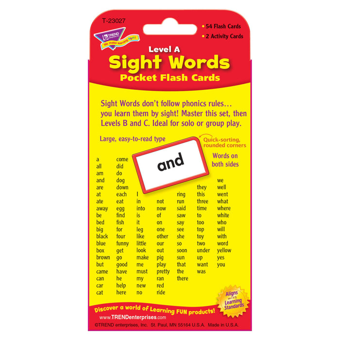 T23027 Flash Cards Sight Words Level A Package Back