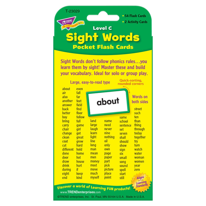 T23029 Flash Cards Sight Words Level C Package Back