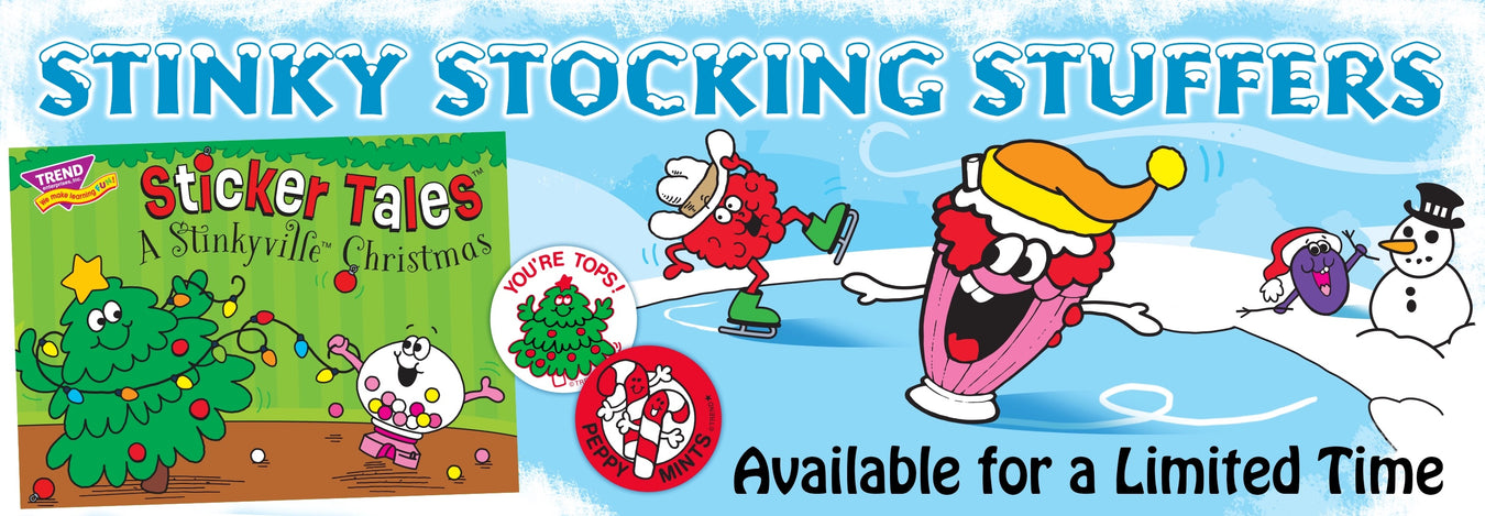 Winter scene featuring Retro Stinky Stickers characters ice skating. Holiday-inspired Sticker Tales Storybook Album and Retro Stinky Stickers also featured. Copy reads, 'Stinky Stocking Stuffers. Available for a limited time.' 