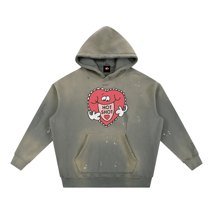 Hot Shot, Heart Vintage Washed Frayed Fleece Hoodie