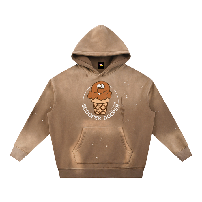 Scooper Dooper, Chocolate Ice Cream Distressed Vintage-Washed Fleece Hoodie