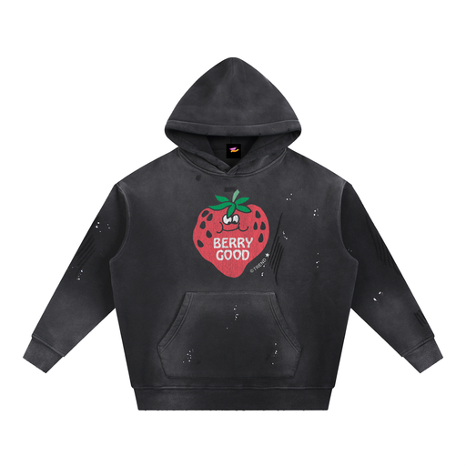 Berry Good, Strawberry Distressed Vintage-Washed Fleece Hoodie