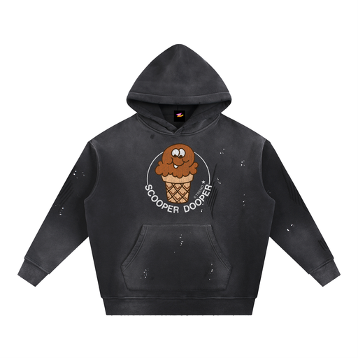 Scooper Dooper, Chocolate Ice Cream Distressed Vintage-Washed Fleece Hoodie