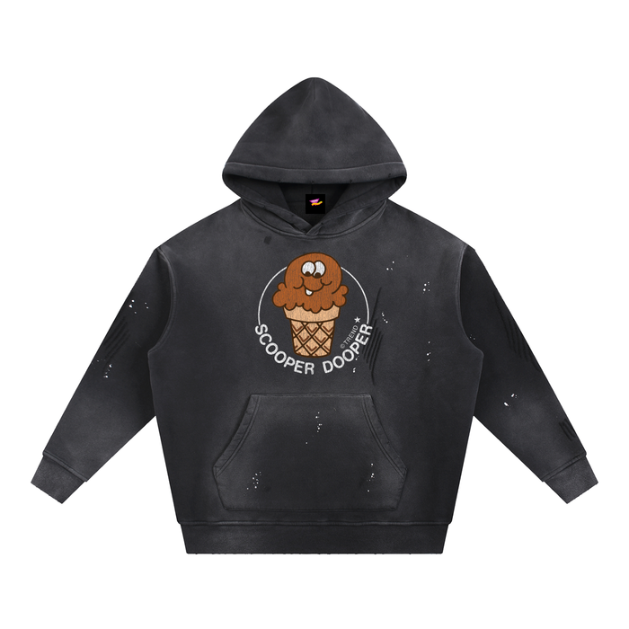 Scooper Dooper, Chocolate Ice Cream Distressed Vintage-Washed Fleece Hoodie