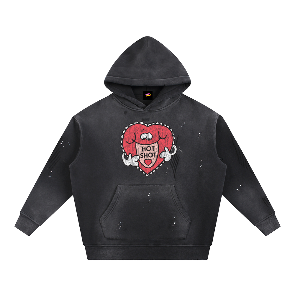 Hot Shot, Heart Vintage Washed Frayed Fleece Hoodie