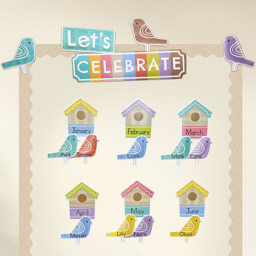 D9109-1-Birdhouse-Birthday-Celebration-Display showing birdhouses for months and birds for birthday names, with a woven-look trim around the edges and a "Let's Celebrate" headline.