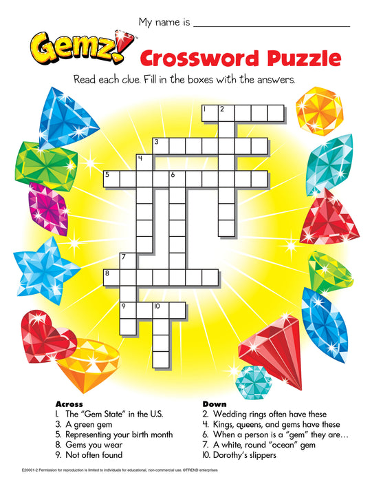 Gemz! Crossword Puzzle Free Printable