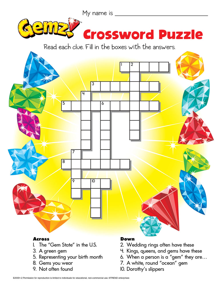 Gemz! Crossword Puzzle Free Printable