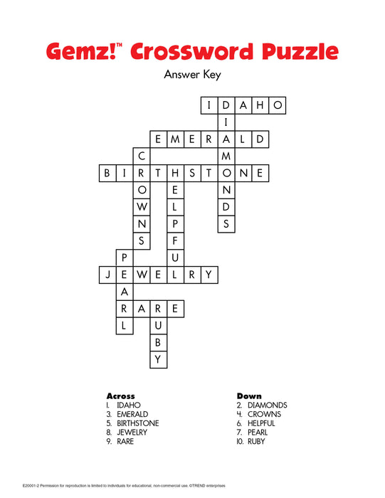 Gemz! Crossword Puzzle Free Printable