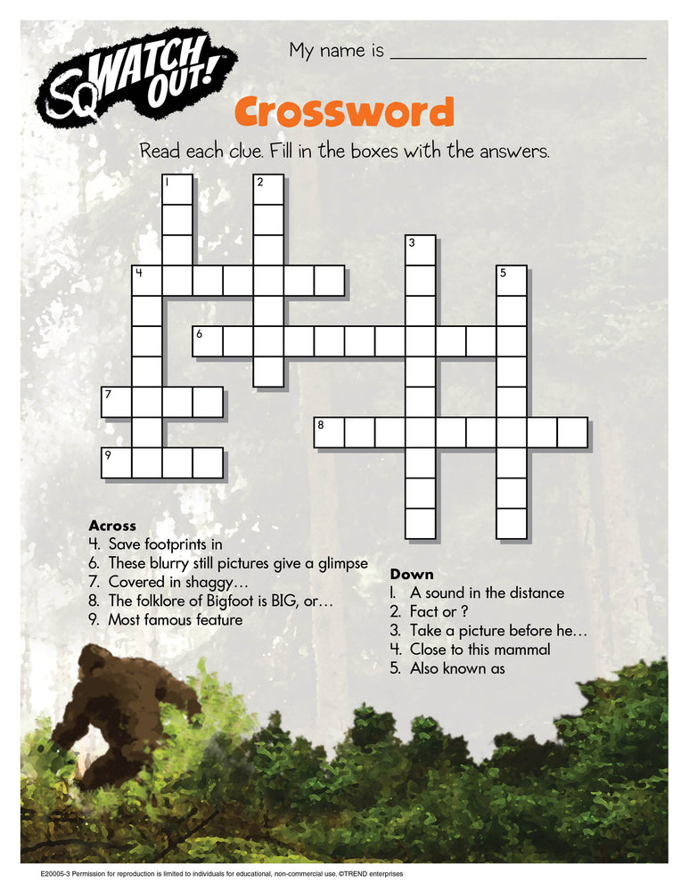 Bigfoot Crossword Puzzle Free Printable