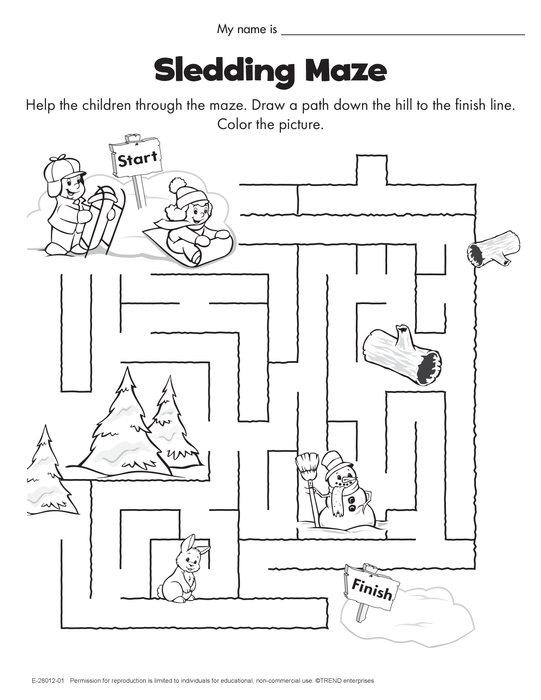 Winter Sledding Maze Coloring Activity Free Printable