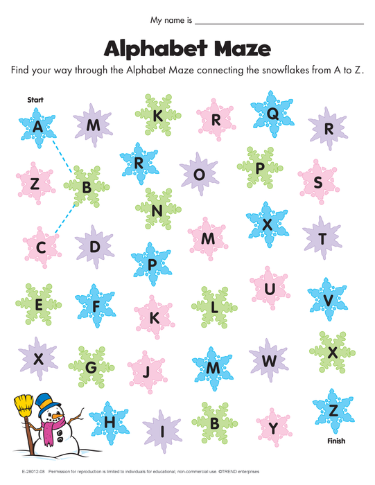Winter Snowflake A-Z Alphabet Maze Coloring Activity Free Printable