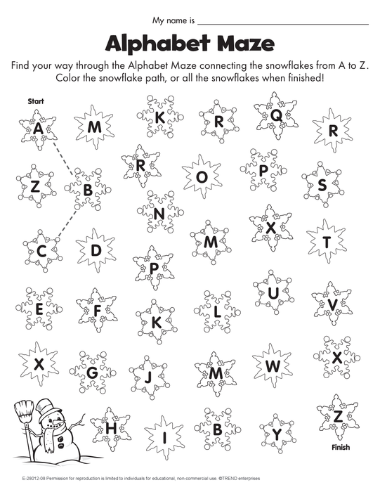 Winter Snowflake A-Z Alphabet Maze Coloring Activity Free Printable