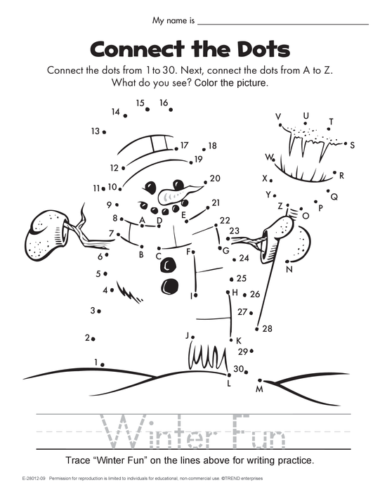 Winter Snowman Dot-To-Dot Numbers Alphabet Activity Free Printable