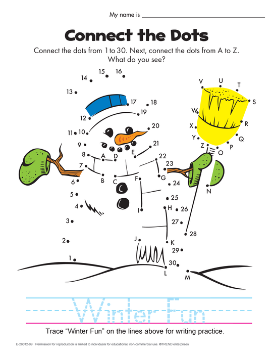 Winter Snowman Dot-To-Dot Numbers Alphabet Activity Free Printable
