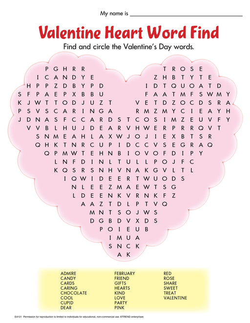 Valentine Heart Word Find Free Printable