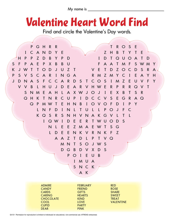 Valentine Heart Word Find Free Printable