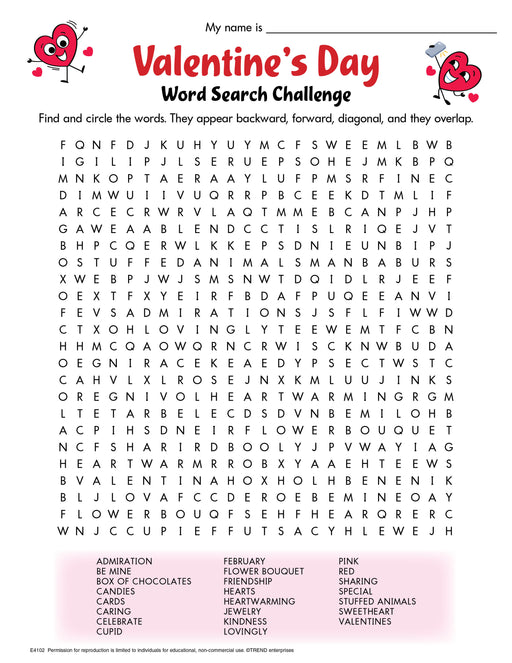 Valentine's Day Word Search Challenge Free Printable