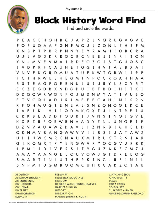 Black History Word Find Free Printable