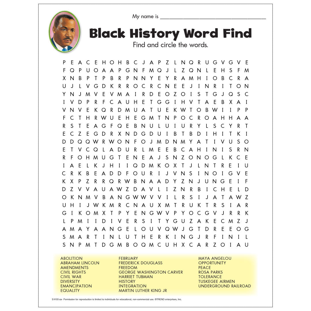 Free Printable Black History Word Find — TREND enterprises, Inc. for Free Black History Month Printables