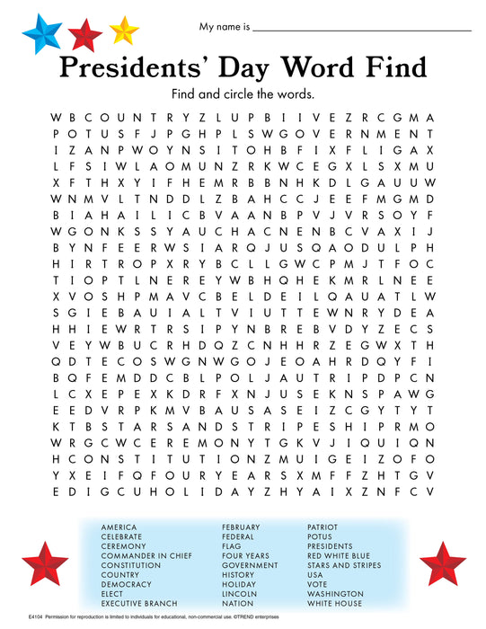 Presidents' Day Word Find Free Printable