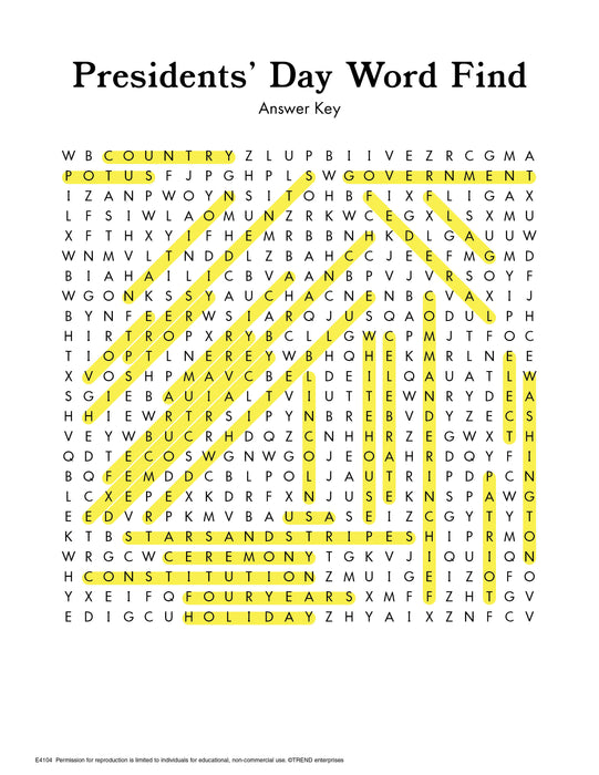 Presidents' Day Word Find Free Printable