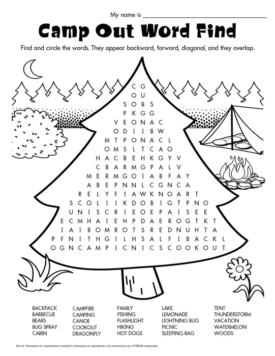Camp Out Word Find Free Printable