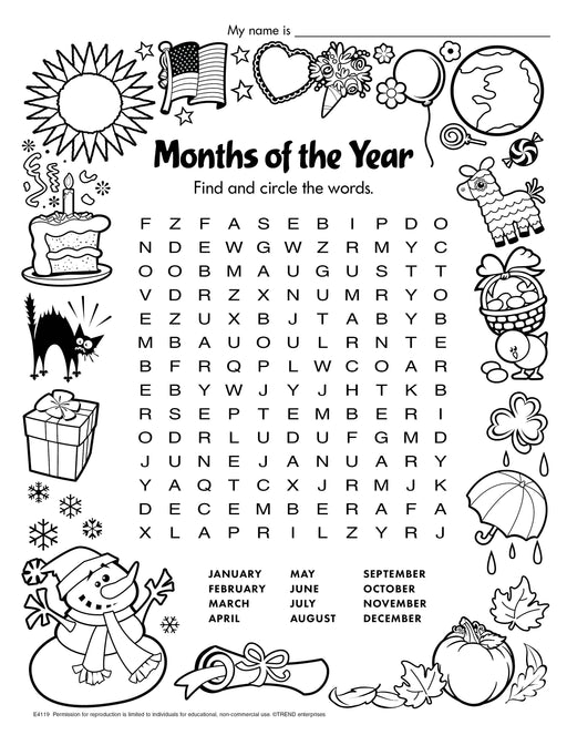 Months of the Year Word Search Free Printable
