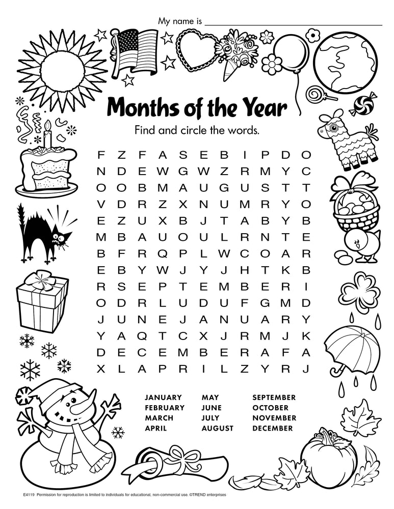 Months of the Year Word Search Free Printable