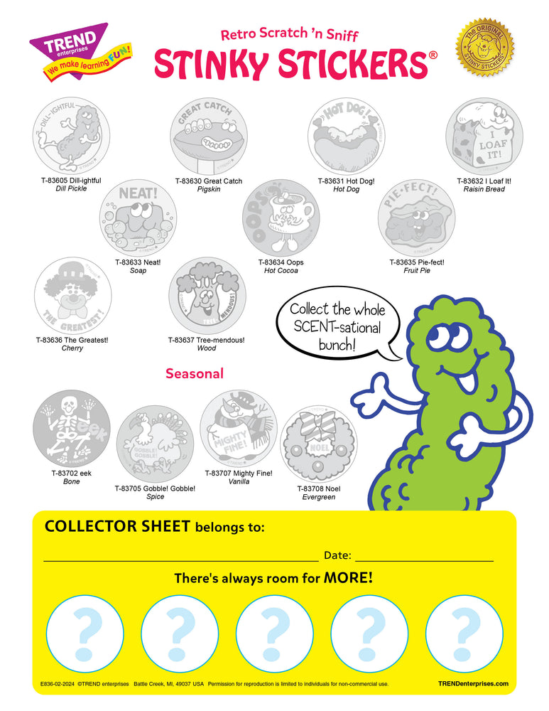 Spring 2024 Retro Scratch 'n Sniff Stinky Stickers® Collector Sheet Free Printable