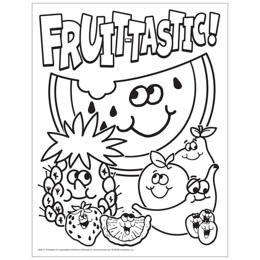 E836-31-Fruit-tastic-Stinky-Stickers-Free-Printable-Coloring-Sheet illustration of watermelon, pineapple, strawberry, orange slice, apple, pear, banana, and grapes.