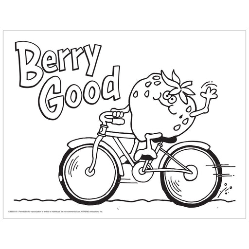 Illustration of a strawberry waving and riding a bicycle, with the words "Berry Good" on the page.