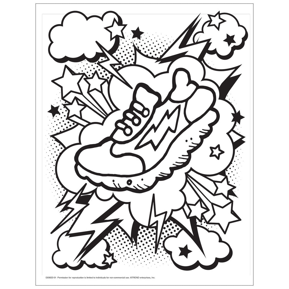 E83622-01 Old Shoe Stickers Free Printable Coloring Sheet illustration of a sporty shoe with lightning bolts, stars, and clouds around it.