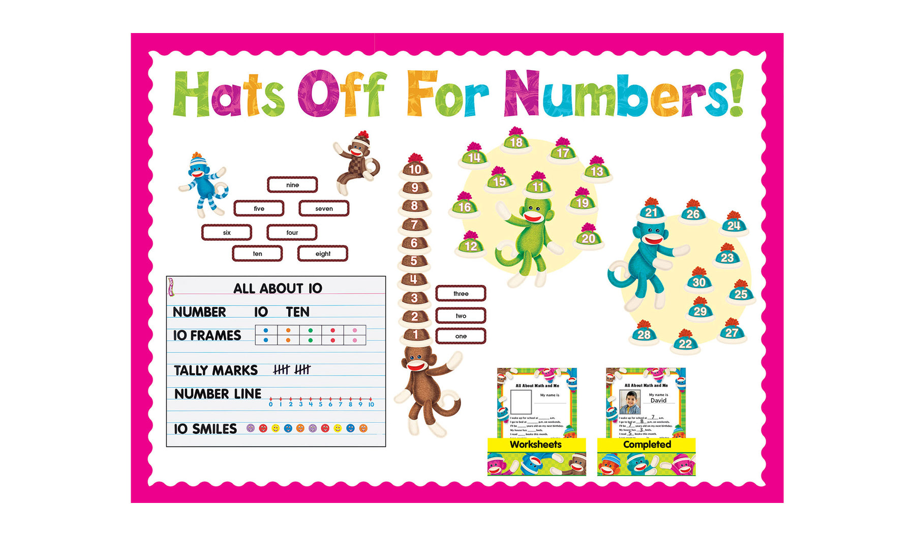 D8298 Sock Monkeys Numbers 0-120 Hats Off for Numbers! Bulletin Board Idea
