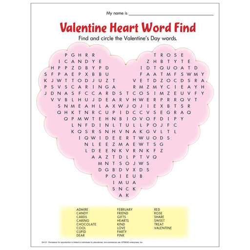 Valentine Heart Word Find Free Printable