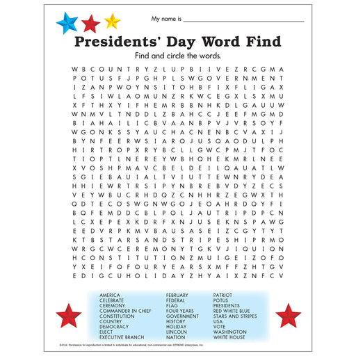 Presidents' Day Word Find Free Printable