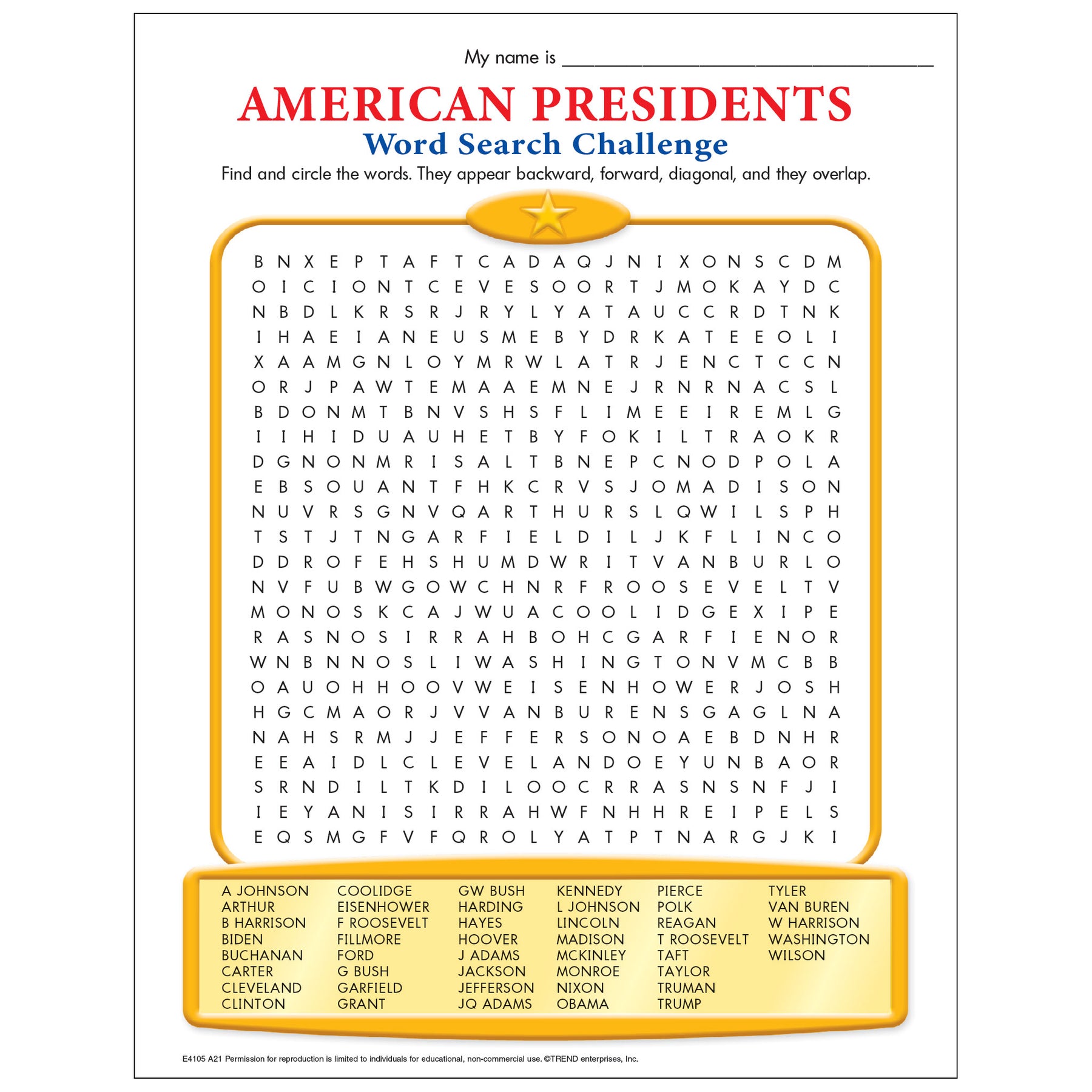 Free Printable American Presidents Word Search Challenge E4105 — TREND enterprises, Inc. for Free Printable Pictures Of Presidents