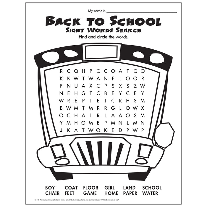Back to School Sight Words Search Free Printable