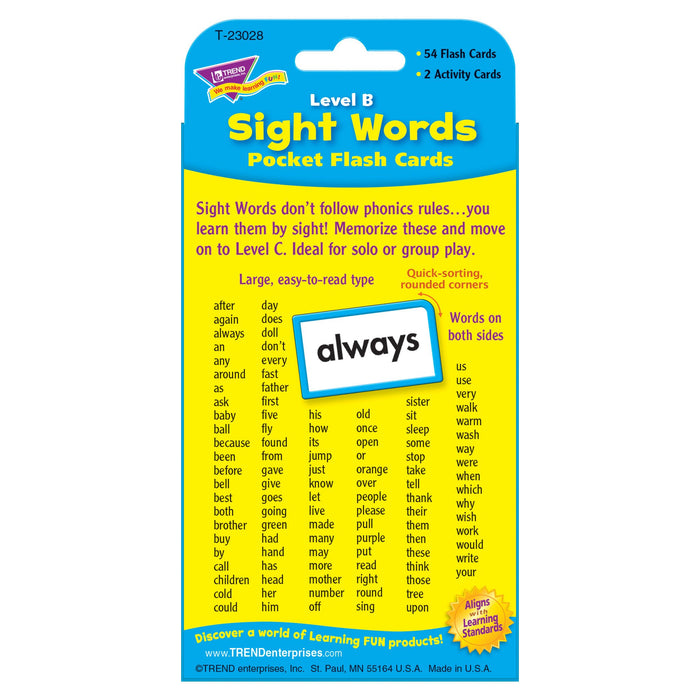 T23028 Flash Cards Sight Words Level B Package Back