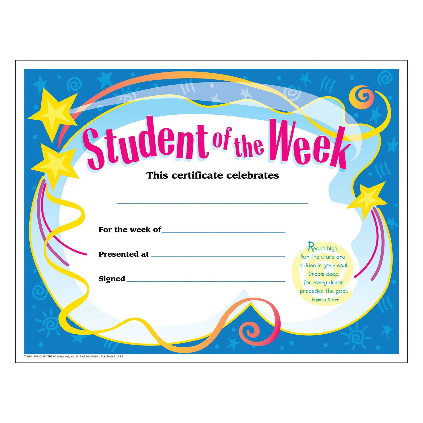 Colorful Classics Certificates Student of the Week T2960 — TREND enterprises, Inc. for Free Printable Citizenship Award Certificates
