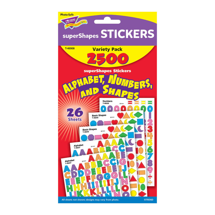 T46908 Sticker Variety Pack Alphabet Numbers Shapes Package