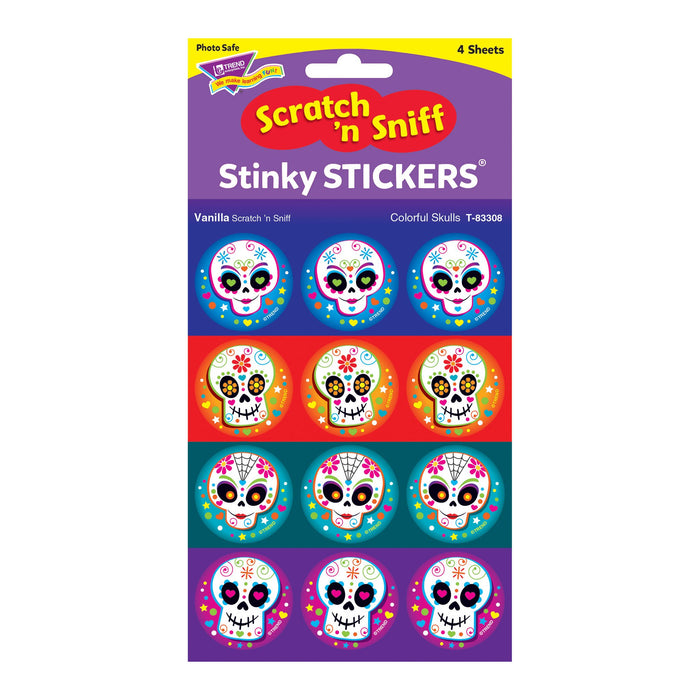 T83308 Stickers Scratch n Sniff Vanilla Dia de los Muertos Skulls Package